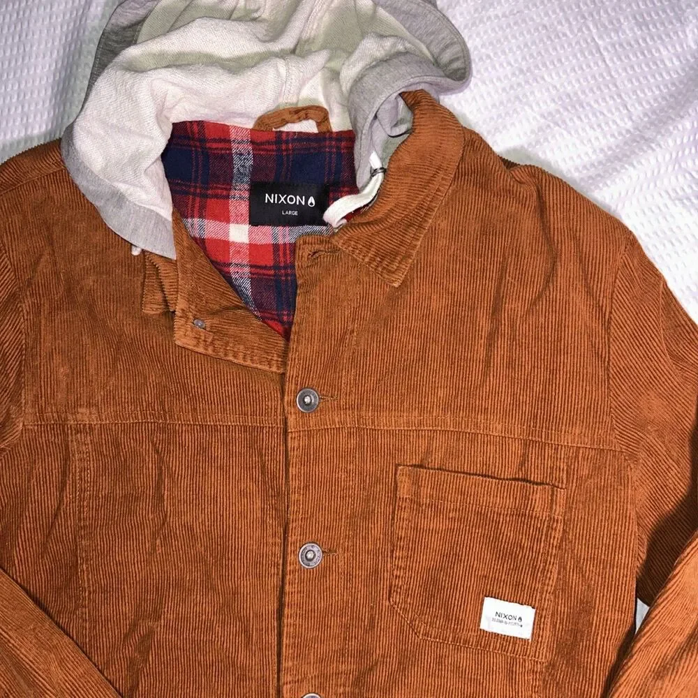 Nixon Watches Men's Brown Long Sleeve Button Up Hooded Marred Black Jacket (L)